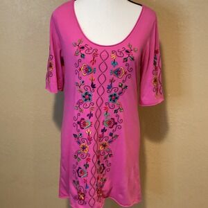 Johnny Was Embroidered Tee Shirt Dress,‎ Bright Floral Embroidered, Size Small